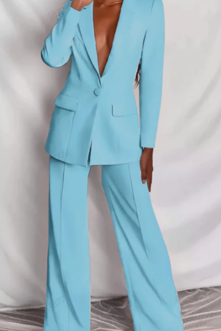 Polished women's professional suit set, a tailored blazer and trousers for elegant business attire.