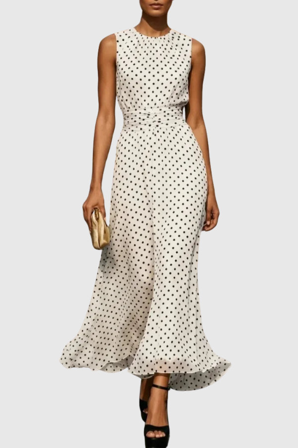 Women's polka dot halter neck maxi dress with ruffle hem, perfect for summer vacation or elegant parties.