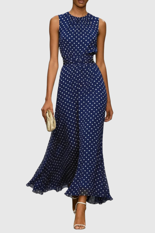Comfortable and stylish women's polka dot maxi dress with a flattering halter neck, perfect for warm summer days.