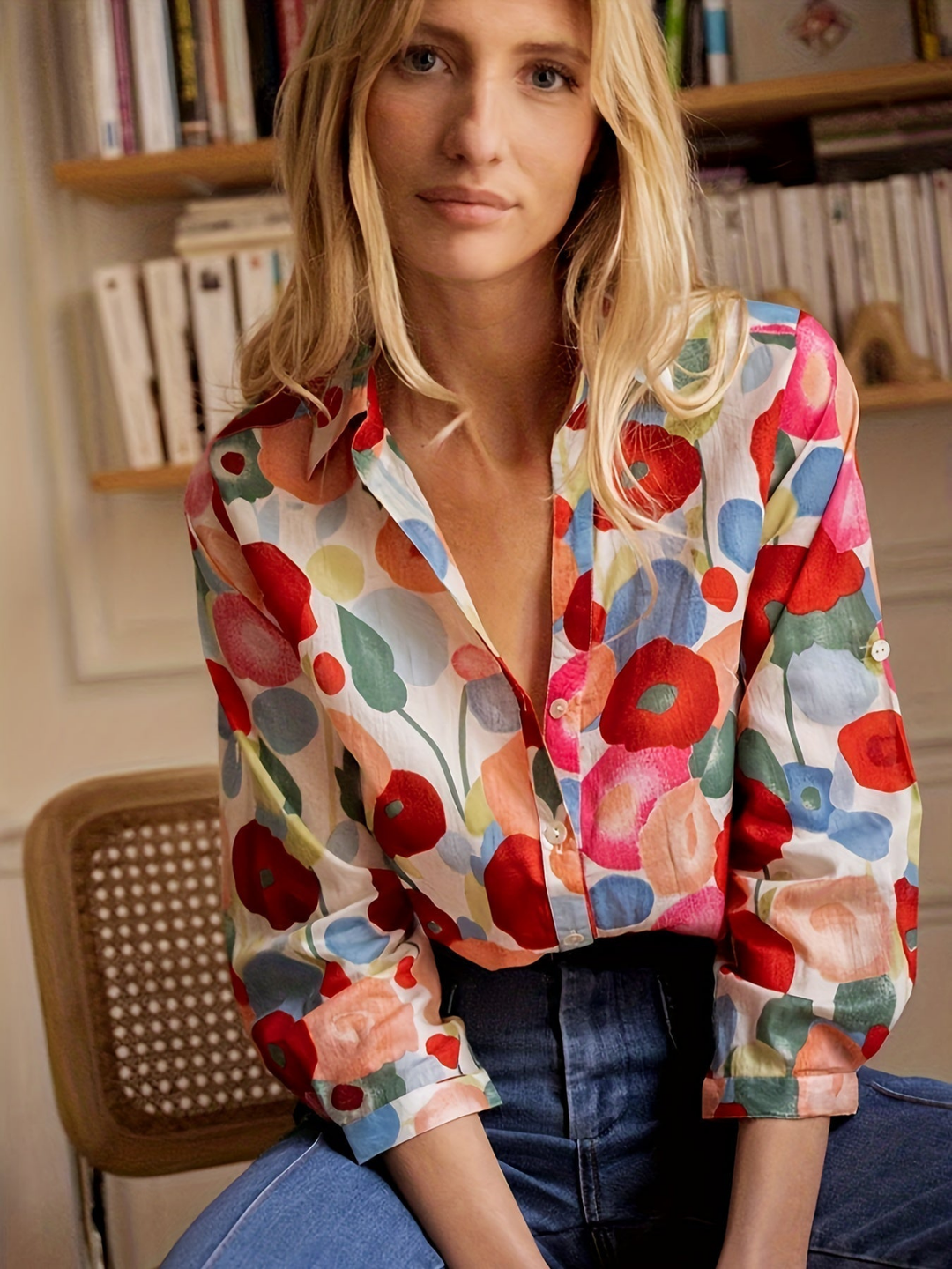 Fashionable women's poppy floral collared button-down shirt. Long-sleeve, statement piece for spring & summer style.