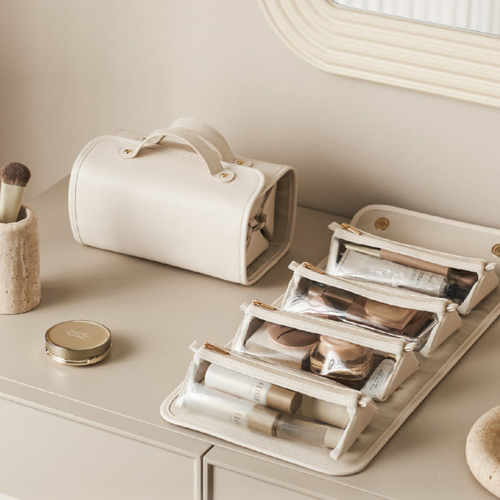 Top-down view of a 4-in-1 waterproof makeup organizer, filled with various beauty accessories