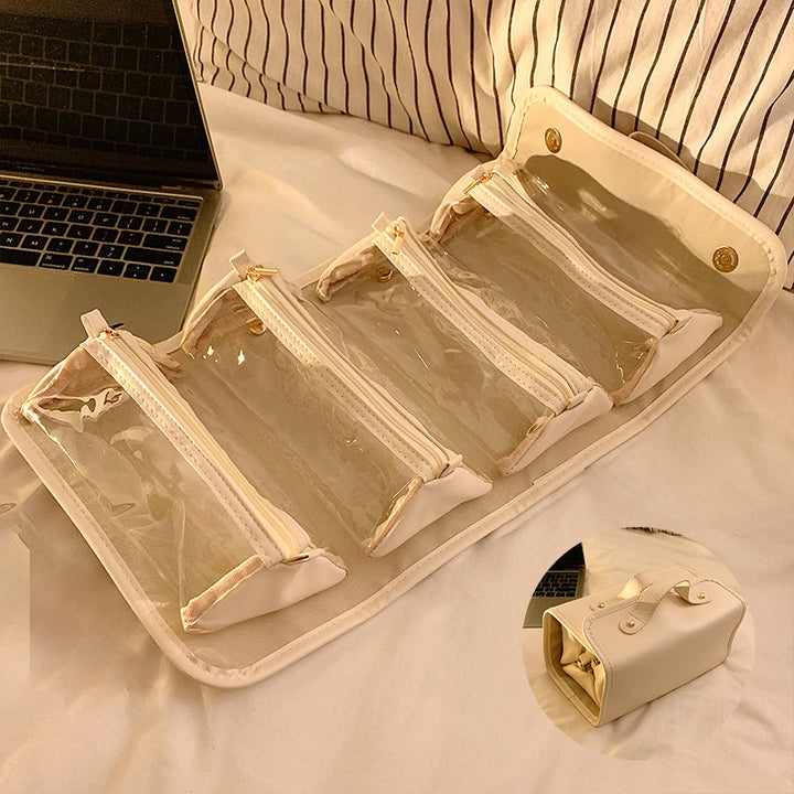 Interior view of a 4-in-1 makeup travel bag, showcasing mesh pockets and clear compartments