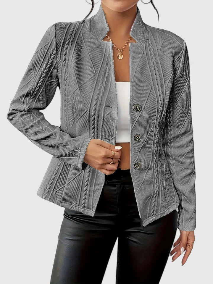 Effortless chic women's textured stand-collar blazer, a luxurious tailored jacket for versatile work-to-weekend style.