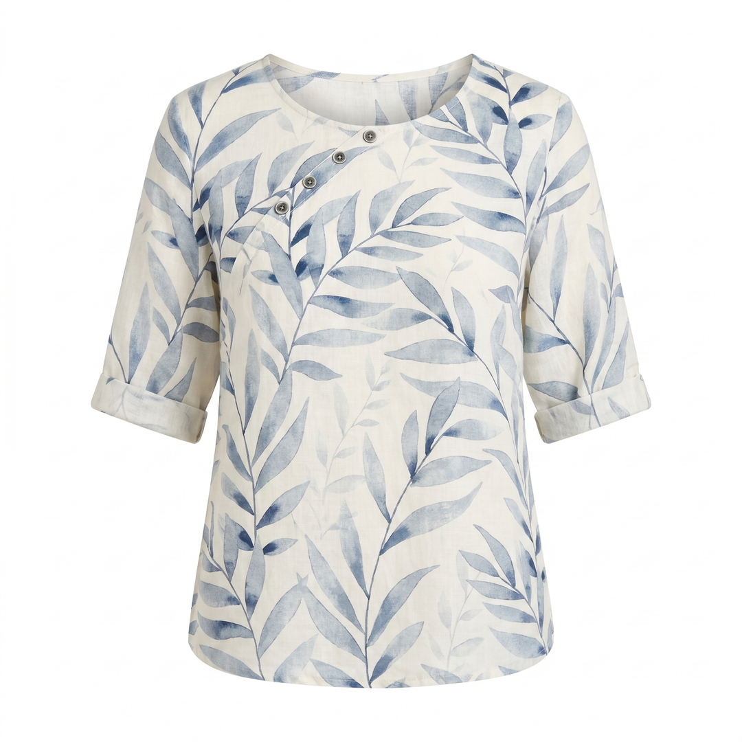 Versatile women's printed asymmetric blouse, button-up, chic & flowy for various casual looks.