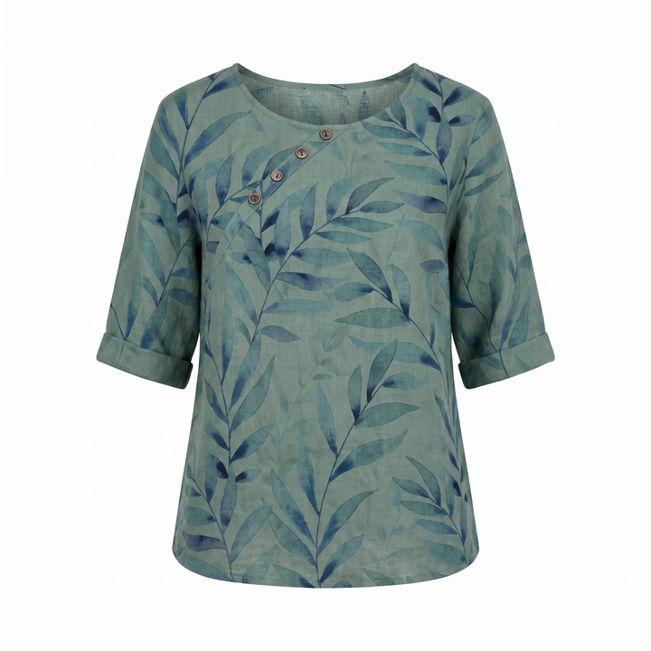 Elegant women's printed blouse with an asymmetric hem, button-front, suitable for all figures.