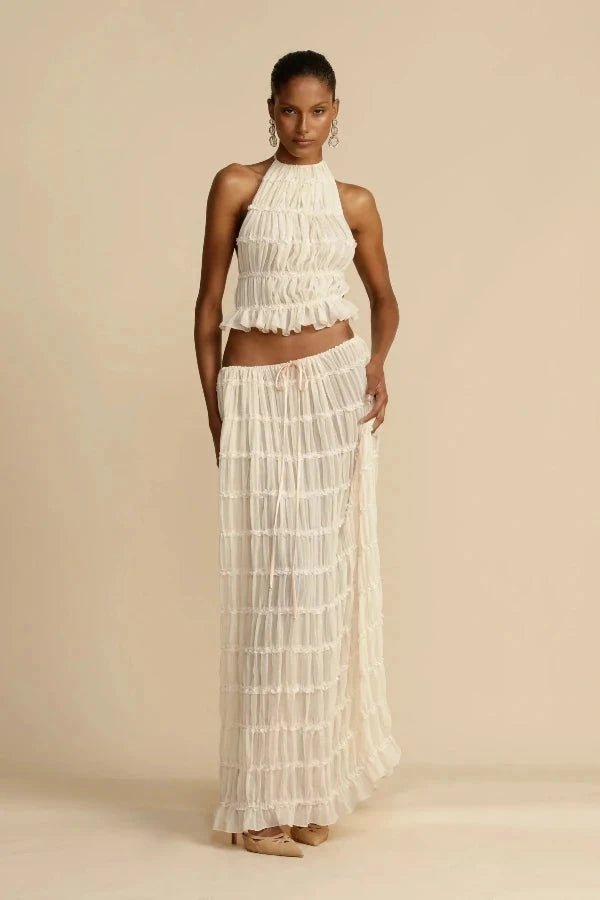Women's printed lounge co-ord two-piece set in White Bliss, perfect for comfortable casual wear & women's fashion.