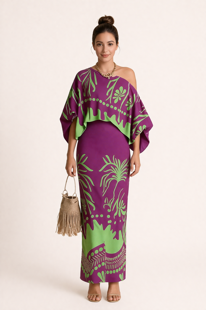 Women's printed maxi skirt and loose blouse co-ord set, perfect for summer vacation and boho chic style.