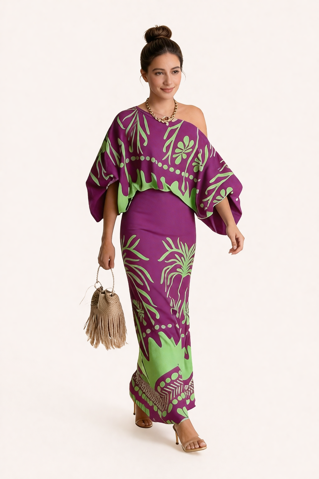Elegant women's two-piece set featuring a flowy printed maxi skirt and matching loose summer blouse.
