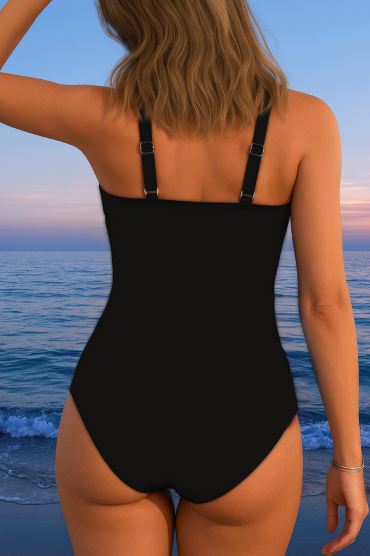 Vibrant printed women's swimwear featuring a surplice neckline & effective tummy control for comfort.