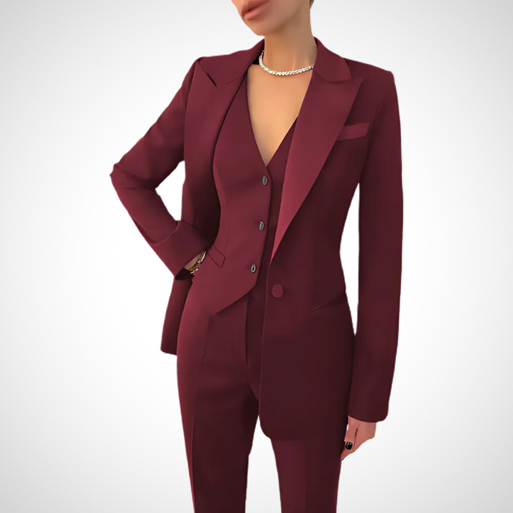 Elegant women's 3-piece power suit with matching blazer, vest & trousers. Versatile for formal or business.