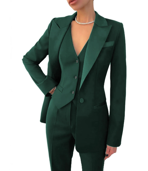 Women's stylish matching 3-piece suit set including a blazer, vest, and trousers. Great for business fashion.