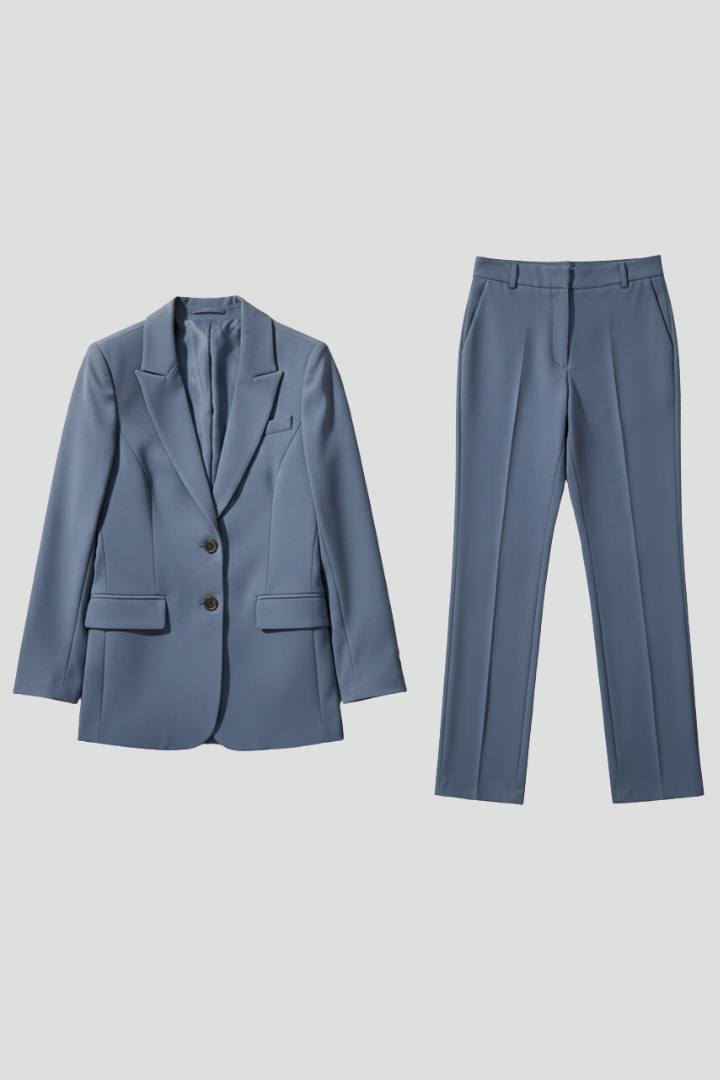 Women's professional blazer & straight leg trousers set. Elegant office outfit & business attire.