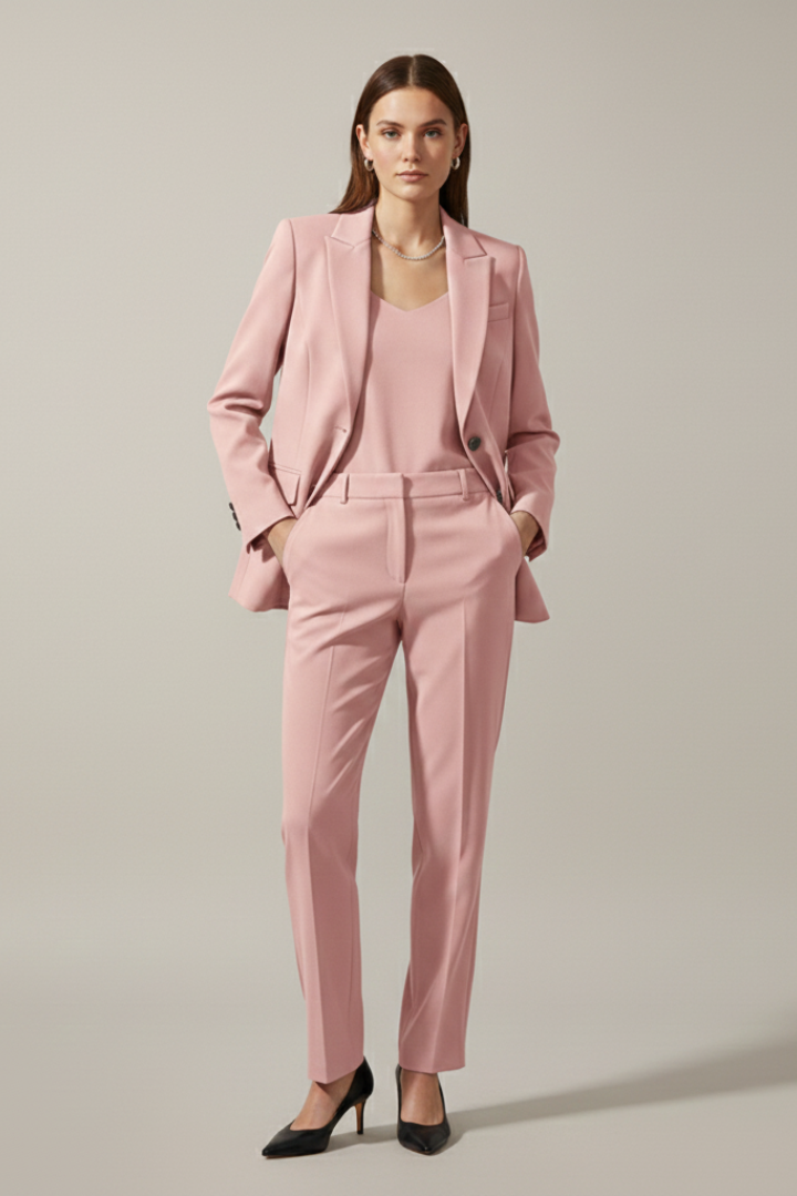 Complete women's business suit: blazer & straight leg trousers. Polished formal wear & office fashion.