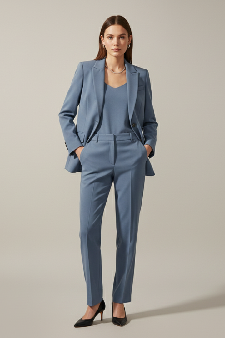 Notched lapel women's blazer with straight leg trousers. Perfect for formal wear & professional style.