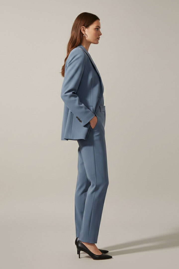 Coordinated women's suit set: blazer & straight leg trousers. Versatile for smart casual or business.