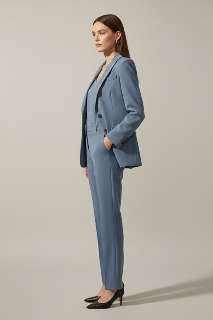 Elegant women's blazer with notched lapel & straight leg trousers for a polished business look.