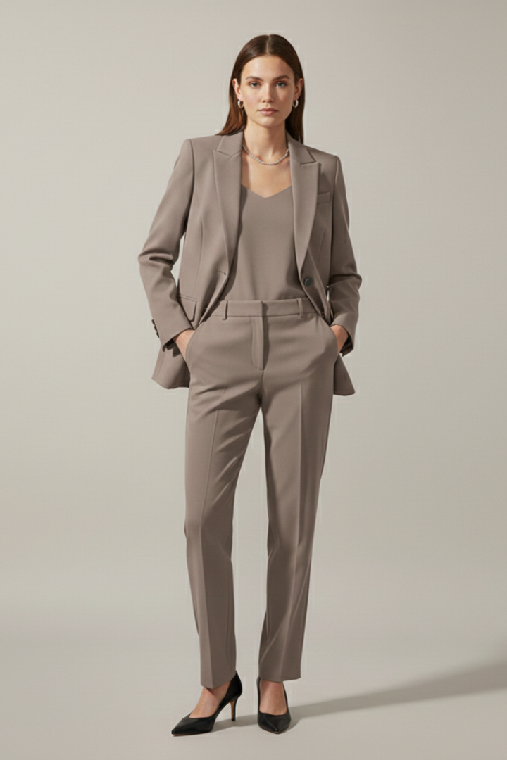 Professional women's blazer & straight leg trousers set. Coordinated ensemble for elegant fashion.