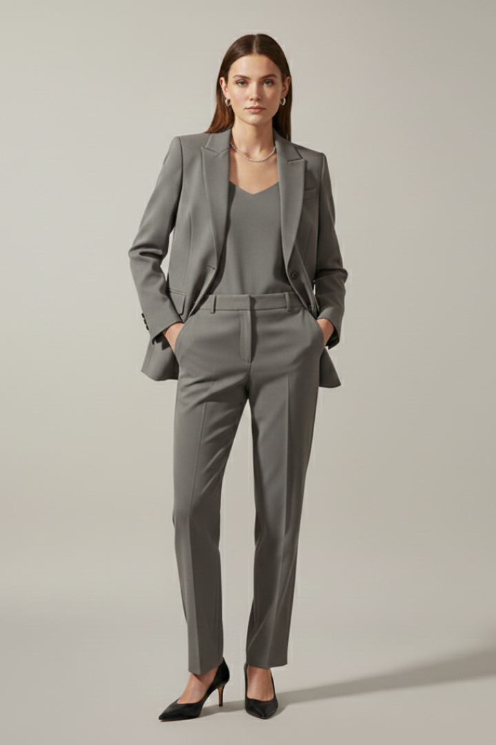 Modern women's blazer & straight leg trousers set. Contemporary business attire & professional style.