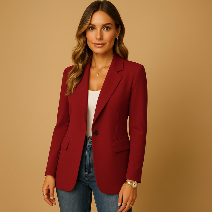Elegant women's office fashion tailored blazer, featuring a chic peak lapel, single-breasted cut & flap pockets.