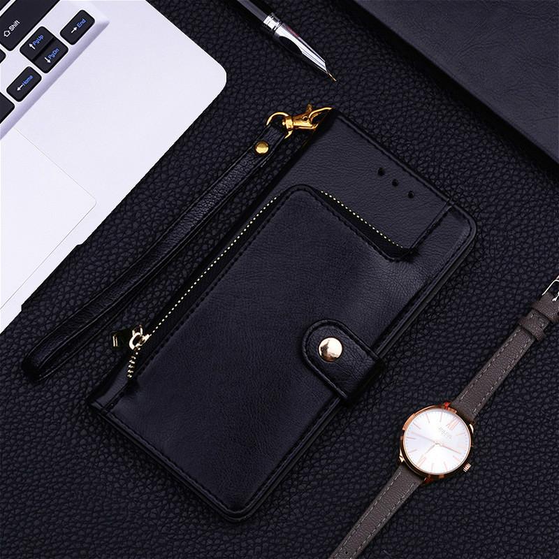 Women's PU leather phone wallet case with card holder and wrist strap for iPhone