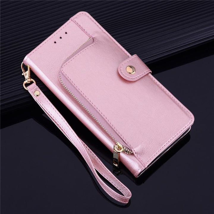 Front view of women's phone wallet case showing card holder and elegant design