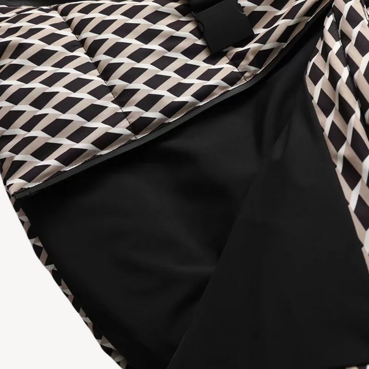 Side view of a warm women's quilted coat, hooded and belted, perfect for winter fashion