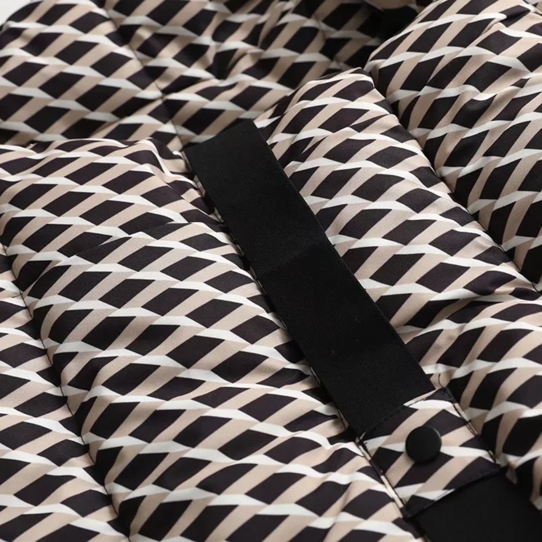 Back view of a fashionable women's quilted outerwear, belted at the waist, with a warm hood