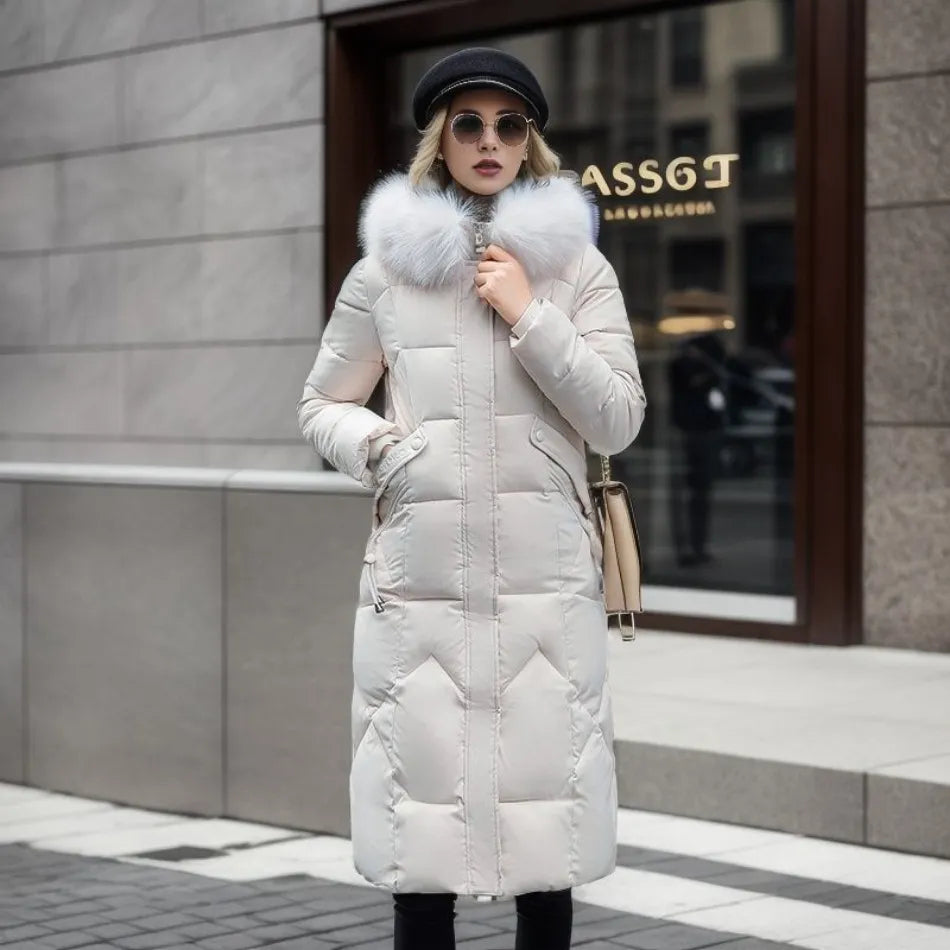 Women's quilted winter coat with hood trim, stylish & warm for cold weather outfits