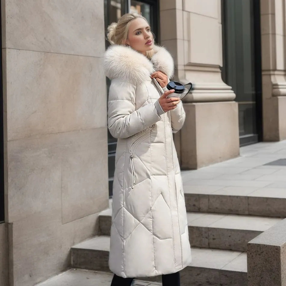 Close-up of a women's quilted winter coat, showcasing the hood trim and texture