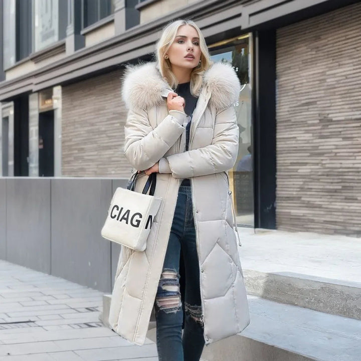 Winter fashion women's coat, quilted design with a cozy hooded trim, perfect for cold