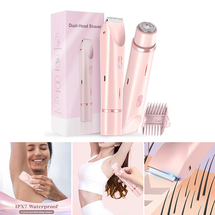 Women's rechargeable dual-head hair trimmer for precise and effective hair removal. Perfect grooming tool.