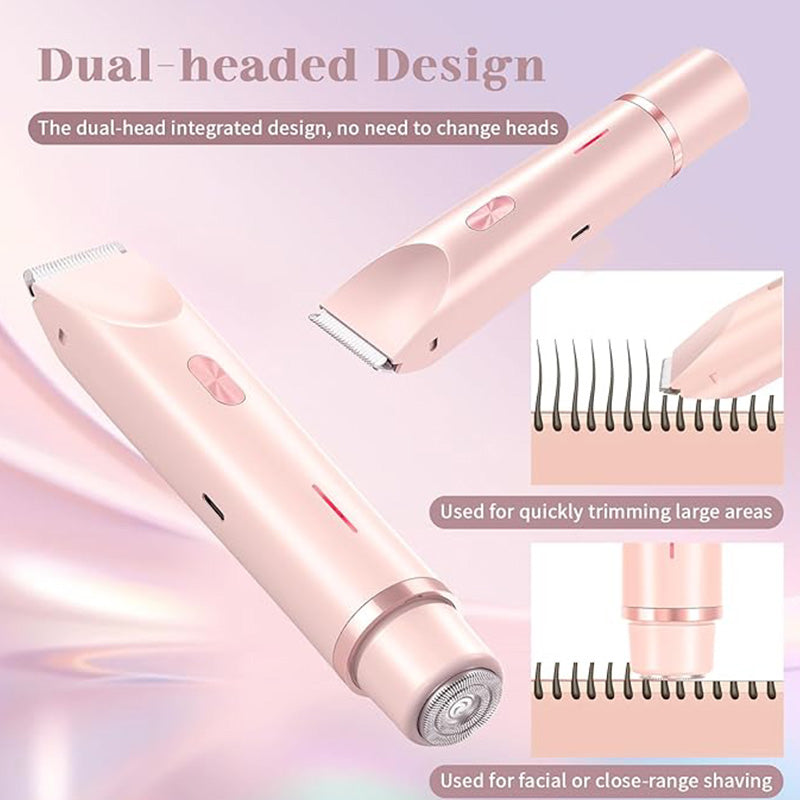 Compact pink women's hair trimmer with two interchangeable heads, ideal for personal care and body grooming.