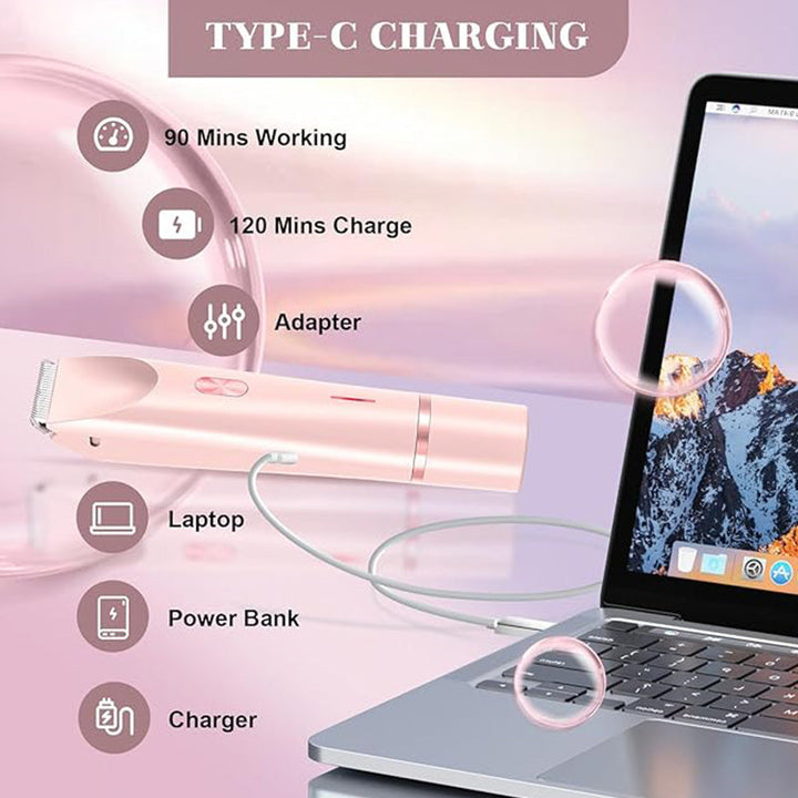 Rechargeable women's grooming device with ergonomic design for easy handling and efficient hair trimming.