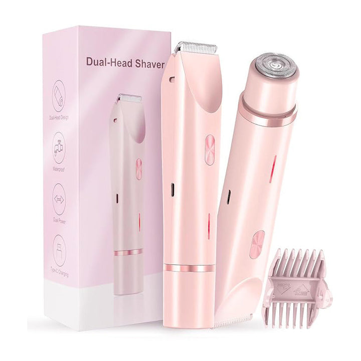 Women's rechargeable trimmer with USB charging cable and cleaning brush, a complete personal care set.