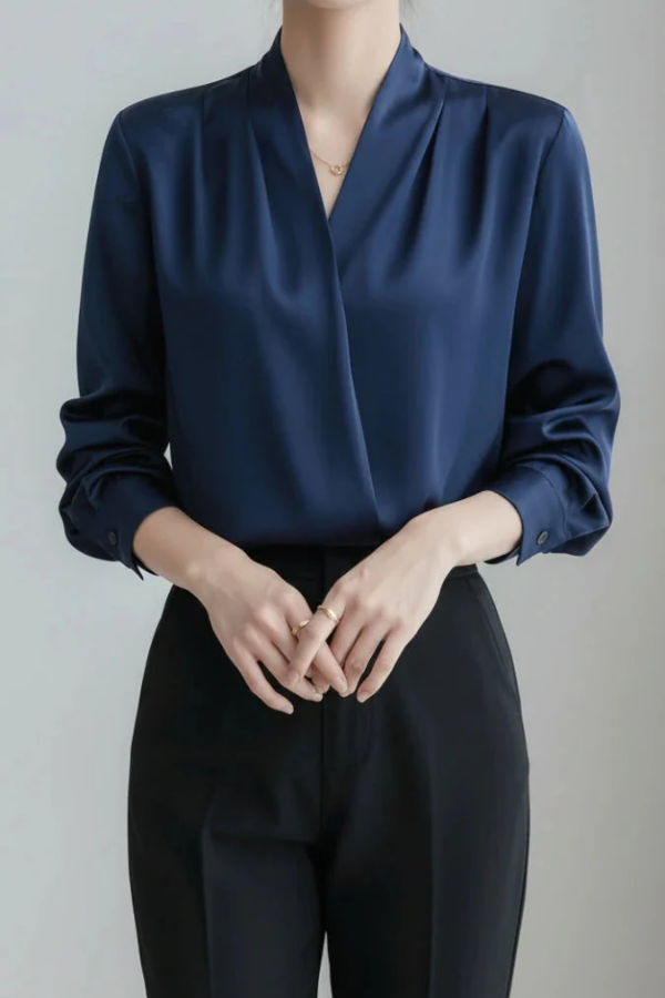 Sophisticated women's wrap blouse with long sleeves. Elegant design for office workwear or fashionable everyday wear.