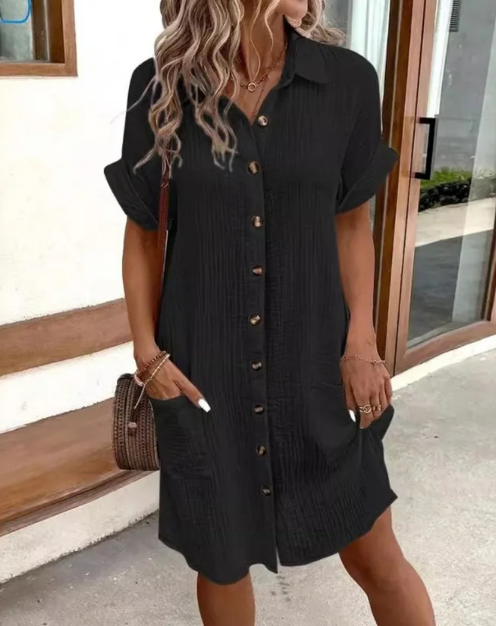 Stylish women's collared short sleeve mini shirt dress, relaxed fit, ideal for spring & summer casual outfits.