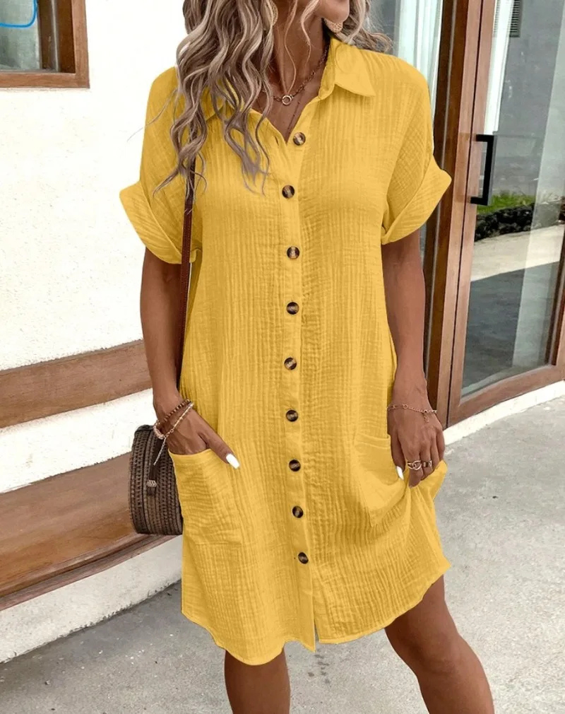 Women's casual button-down mini shirt dress with a relaxed collared fit, short sleeves, perfect for everyday wear.