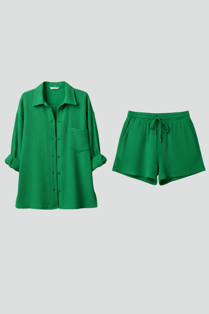 Women's relaxed button-up shirt & drawstring shorts lounge set. Comfy two-piece loungewear for everyday casual style.