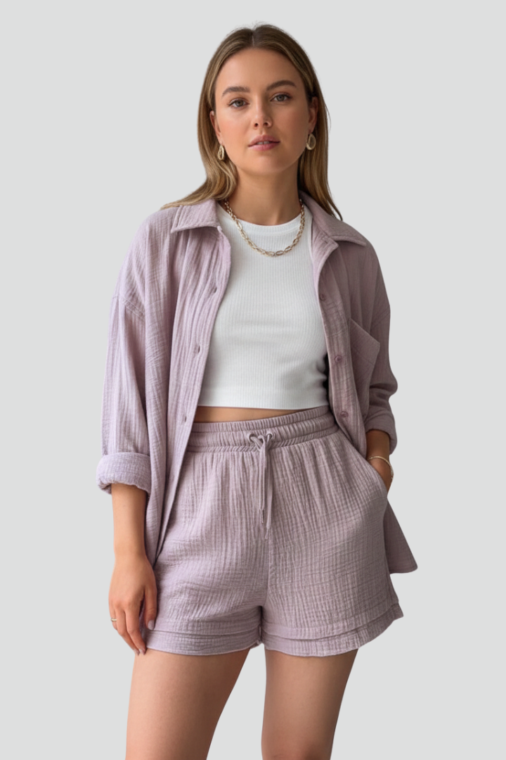 Essential women's relaxed fit button-up shirt & drawstring shorts. A comfy casual two-piece loungewear set.
