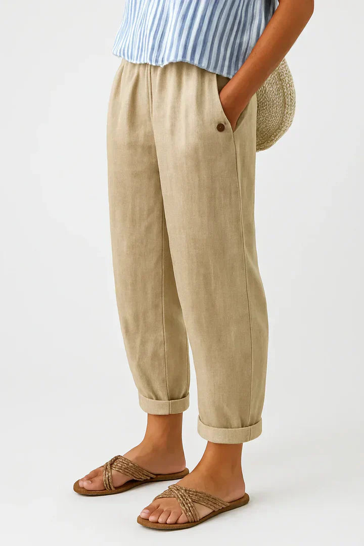 Women's relaxed fit ankle pants with elastic waist, ideal for comfortable everyday casual wear. Easy pull-on style.