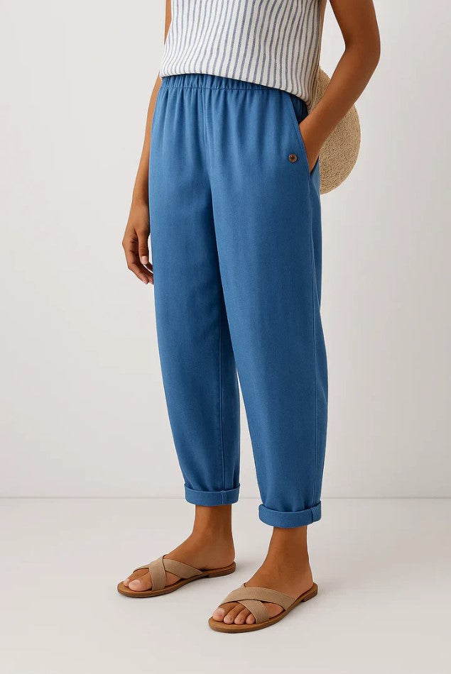 Comfortable pull-on women's relaxed fit trousers. Perfect ankle-length pants for versatile casual everyday outfits.