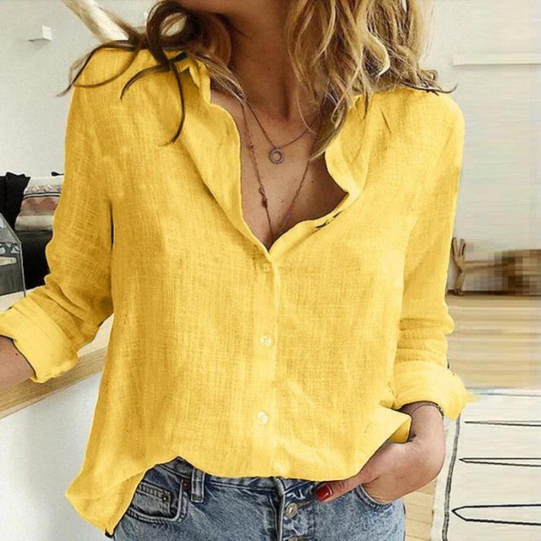 Women's relaxed fit bird print button-down blouse, perfect for casual spring fashion.