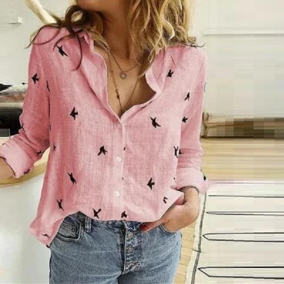 Versatile bird print long sleeve button-down blouse for women, great for spring/autumn.