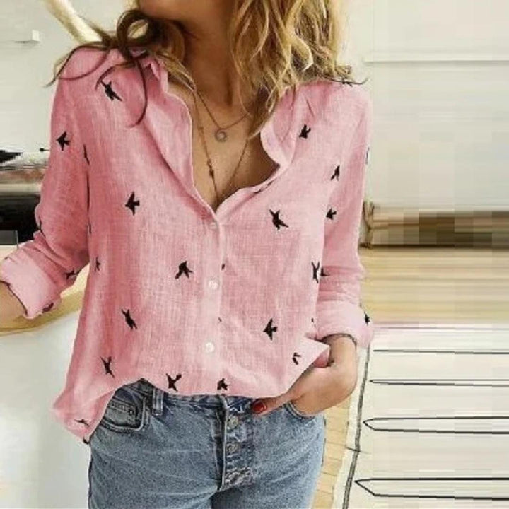 Versatile bird print long sleeve button-down blouse for women, great for spring/autumn.