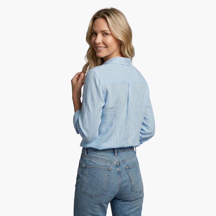 Versatile women's button down shirt with scallop collar, a smart casual top for any occasion.
