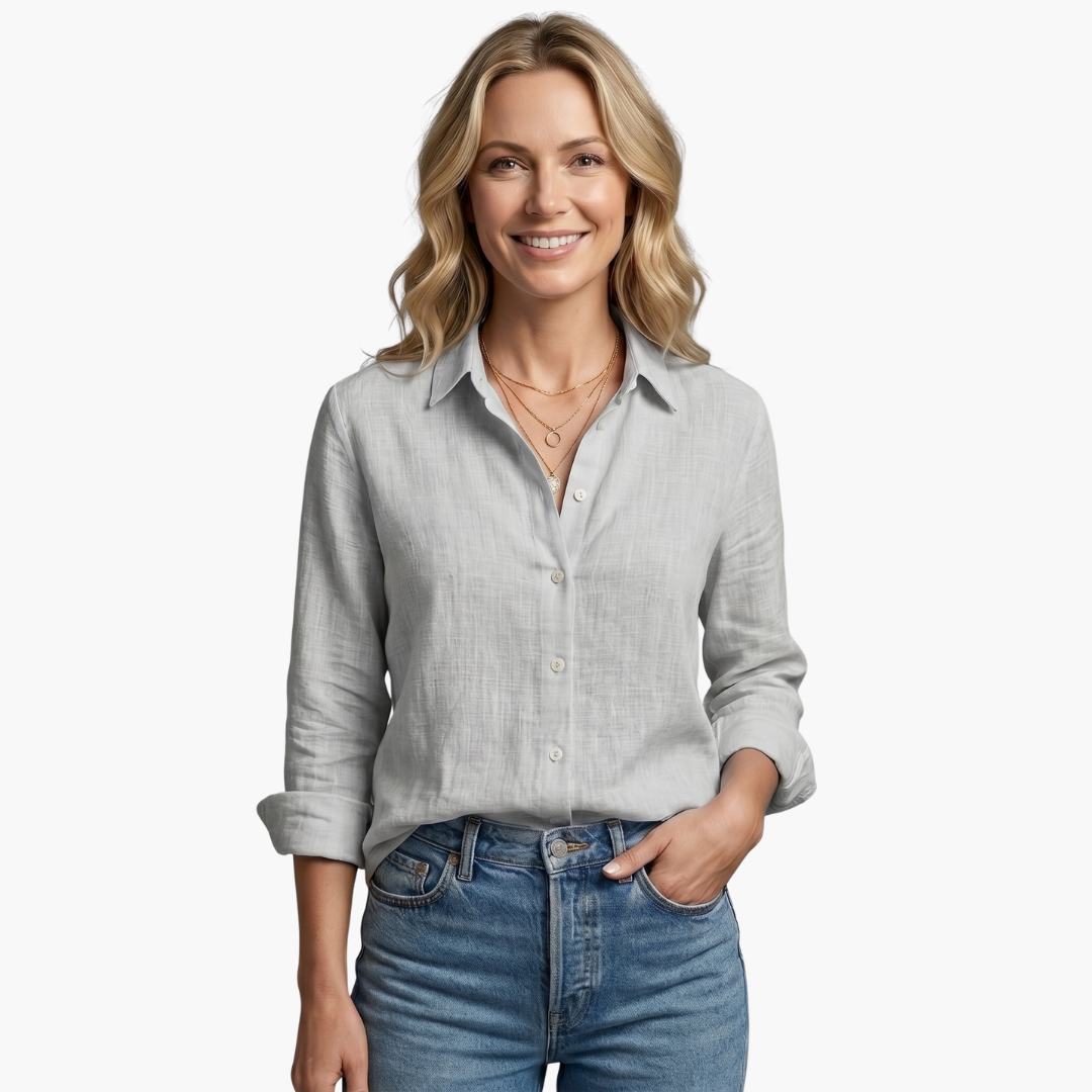 Spring & summer fashion women's shirt, relaxed fit button down with a stylish scallop collar for everyday.