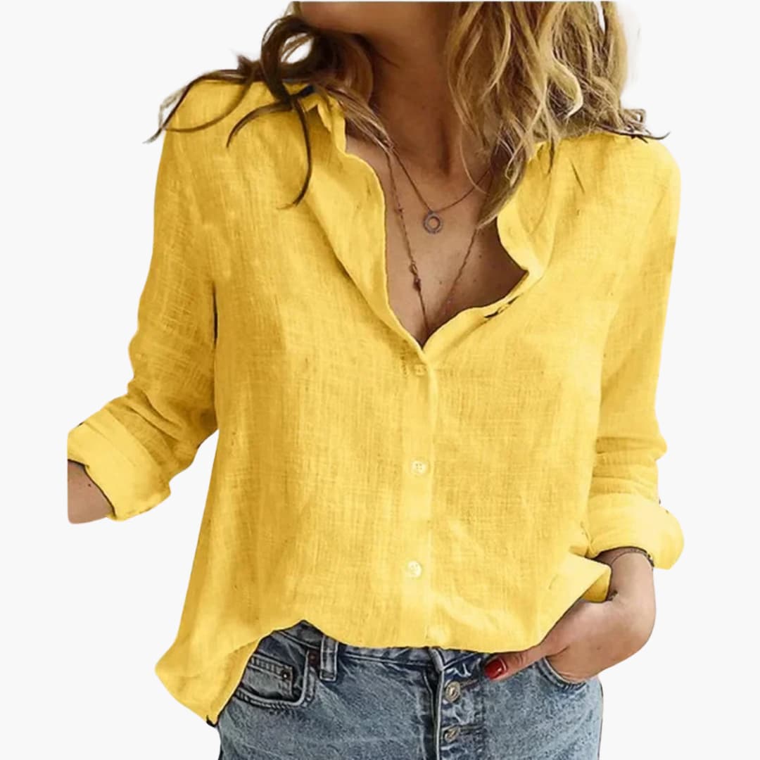 Women's versatile relaxed fit button down shirt featuring a chic scallop collar, great for casual wear.