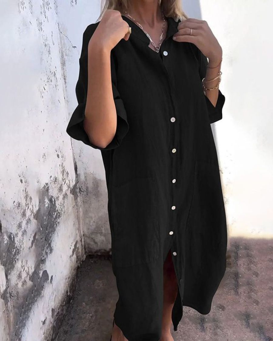 Comfortable women's short sleeve shirt dress with V-neck, button front & practical pockets for everyday.