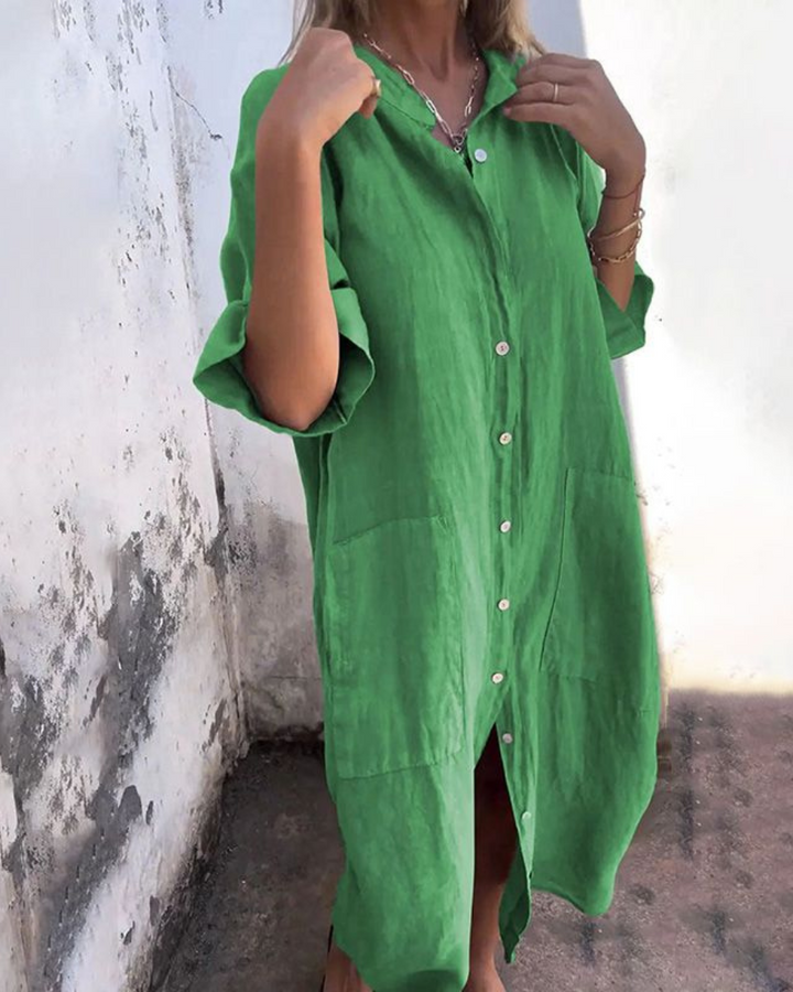 Casual summer shirt dress for women with button-front closure, relaxed fit, short sleeves & handy pockets.