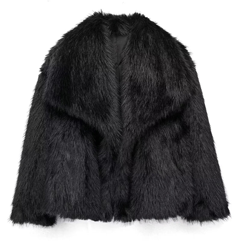 Frontal shot of a women's full-length relaxed fit faux fur jacket, a warm and fashionable winter choice